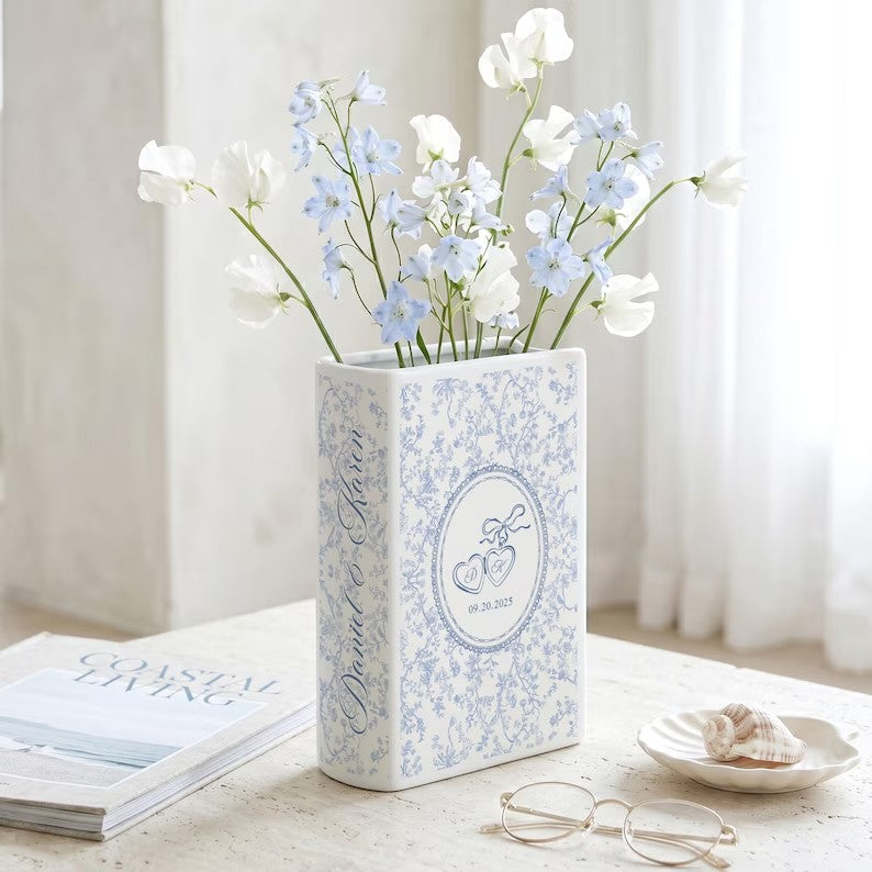 Custom Toile Couple Ceramic Book Vase, Wedding Gift, Bridal Shower Gift, Anniversary Gift, Bridesmaid Gift, Engagement Gift, Gift for Couple