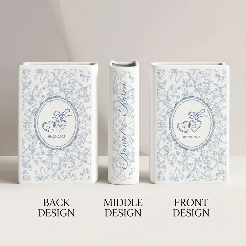 Custom Toile Couple Ceramic Book Vase, Wedding Gift, Bridal Shower Gift, Anniversary Gift, Bridesmaid Gift, Engagement Gift, Gift for Couple