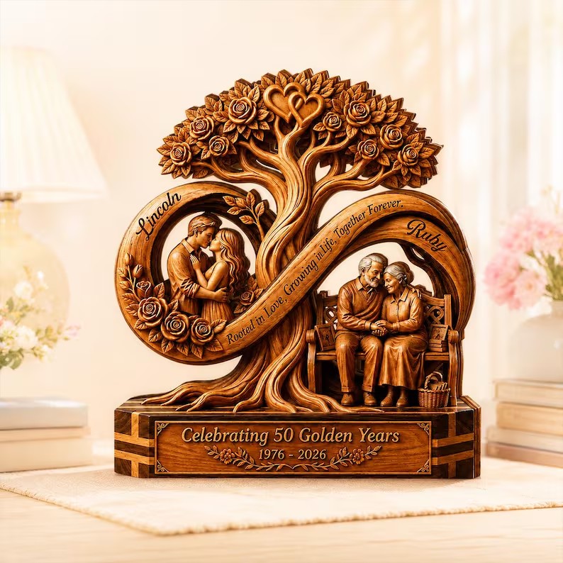 Personalized Infinity Tree 2D Print Wooden Plaque, Custom 50th Wedding Anniversary, Gift for Couple