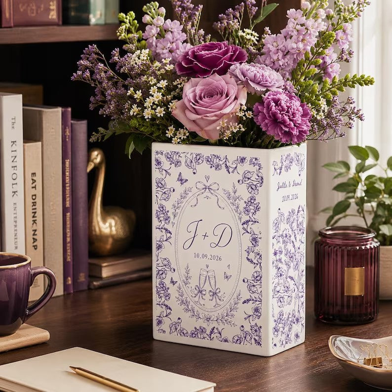 Custom Engagement Ceramic Book Vase, Personalized Toile de Jouy Wedding Flower Vase, Anniversary Bride to Be Keepsake, Wedding Couple Gift