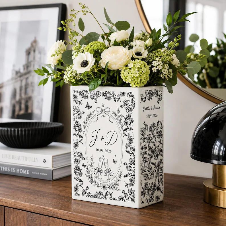 Custom Engagement Ceramic Book Vase, Personalized Toile de Jouy Wedding Flower Vase, Anniversary Bride to Be Keepsake, Wedding Couple Gift