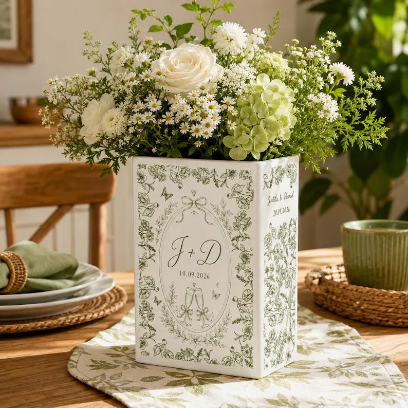 Custom Engagement Ceramic Book Vase, Personalized Toile de Jouy Wedding Flower Vase, Anniversary Bride to Be Keepsake, Wedding Couple Gift