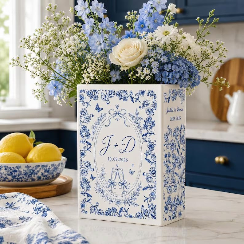 Custom Engagement Ceramic Book Vase, Personalized Toile de Jouy Wedding Flower Vase, Anniversary Bride to Be Keepsake, Wedding Couple Gift