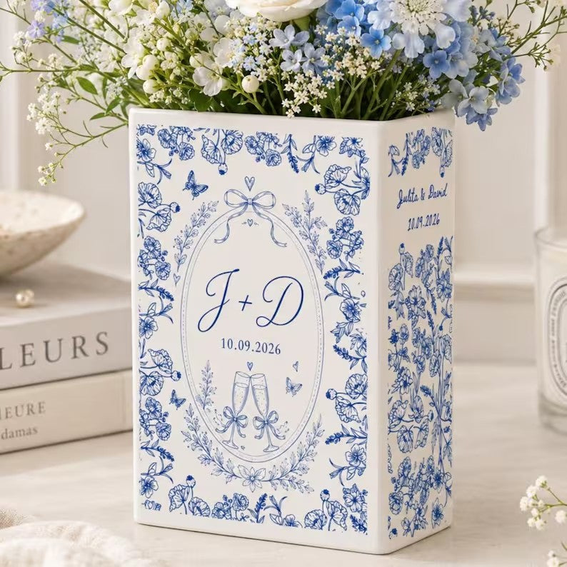Custom Engagement Ceramic Book Vase, Personalized Toile de Jouy Wedding Flower Vase, Anniversary Bride to Be Keepsake, Wedding Couple Gift