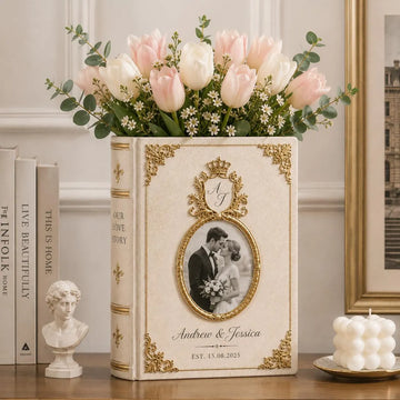 Custom Photo Toile De Jouy Ceramic Book Vase, Personalised Wedding anniversary Gift for Couple, Bridal Shower Gift, Engagement gift, Floral