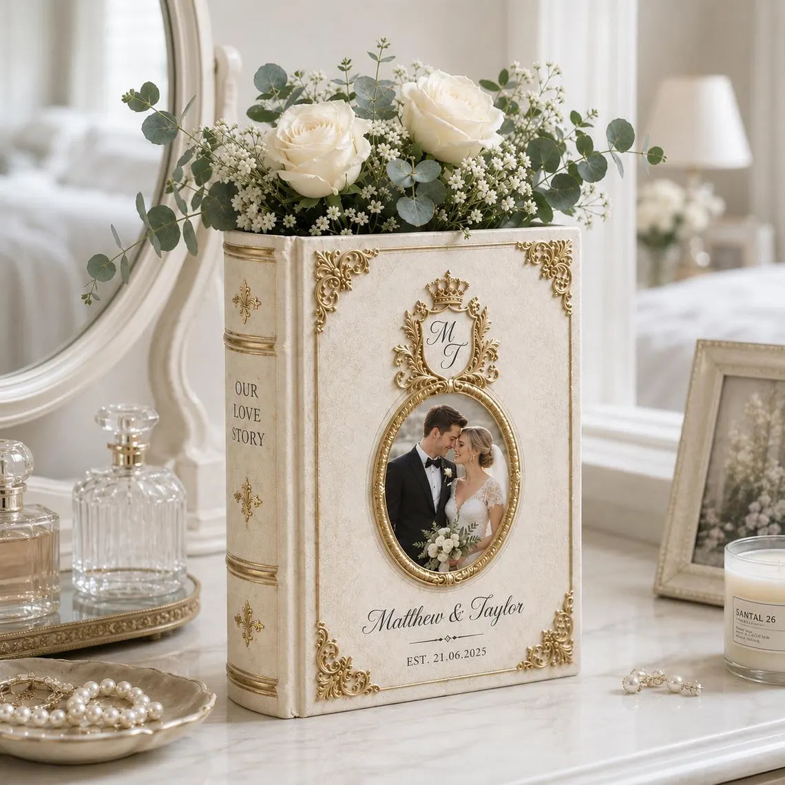 Custom Photo Toile De Jouy Ceramic Book Vase, Personalised Wedding anniversary Gift for Couple, Bridal Shower Gift, Engagement gift, Floral