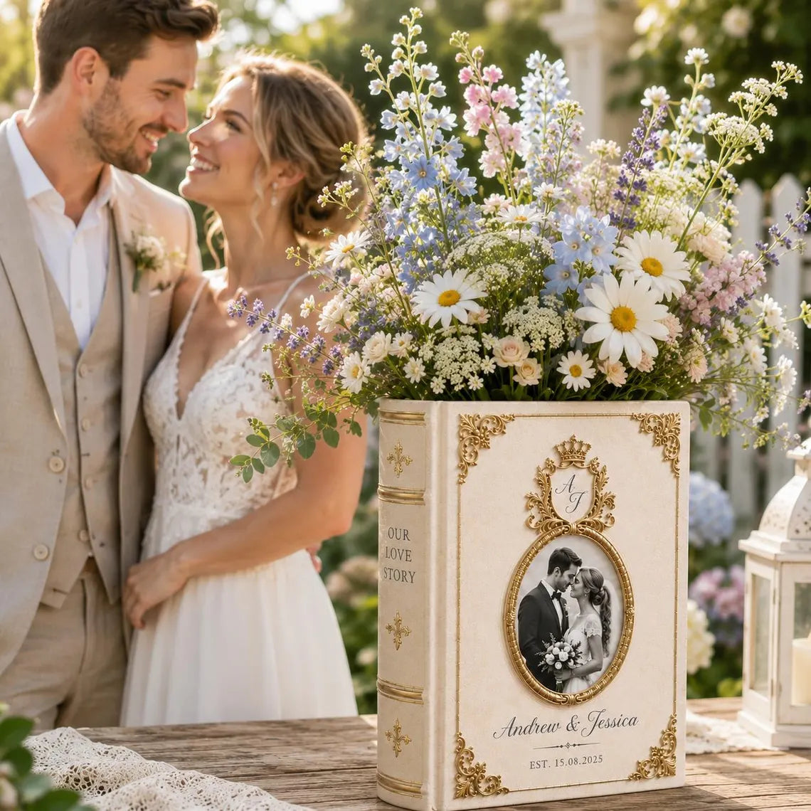Custom Photo Toile De Jouy Ceramic Book Vase, Personalised Wedding anniversary Gift for Couple, Bridal Shower Gift, Engagement gift, Floral