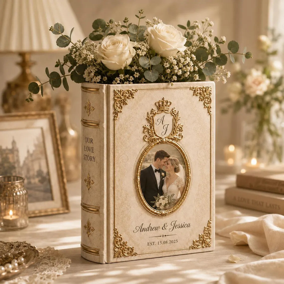 Custom Photo Toile De Jouy Ceramic Book Vase, Personalised Wedding anniversary Gift for Couple, Bridal Shower Gift, Engagement gift, Floral