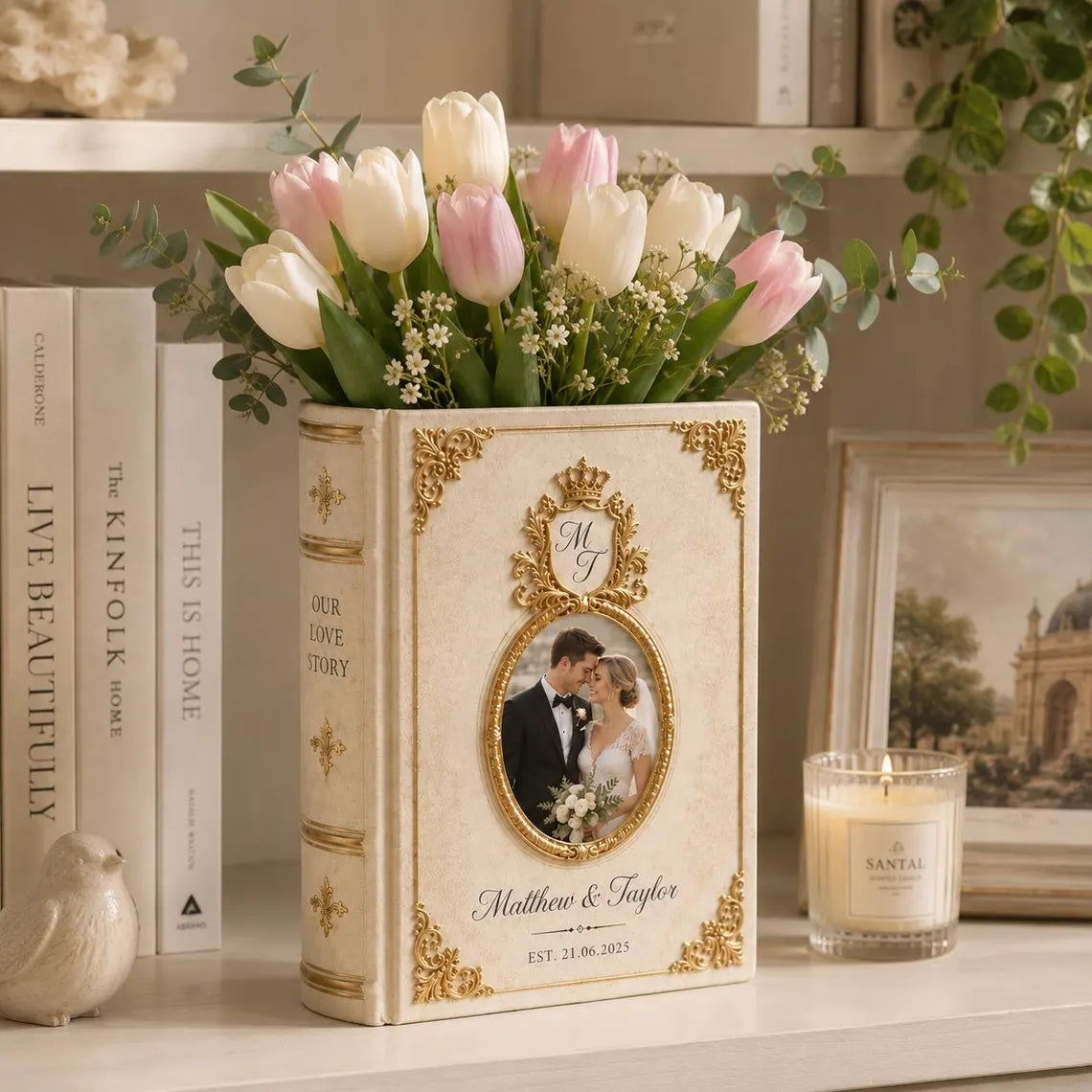 Custom Photo Toile De Jouy Ceramic Book Vase, Personalised Wedding anniversary Gift for Couple, Bridal Shower Gift, Engagement gift, Floral