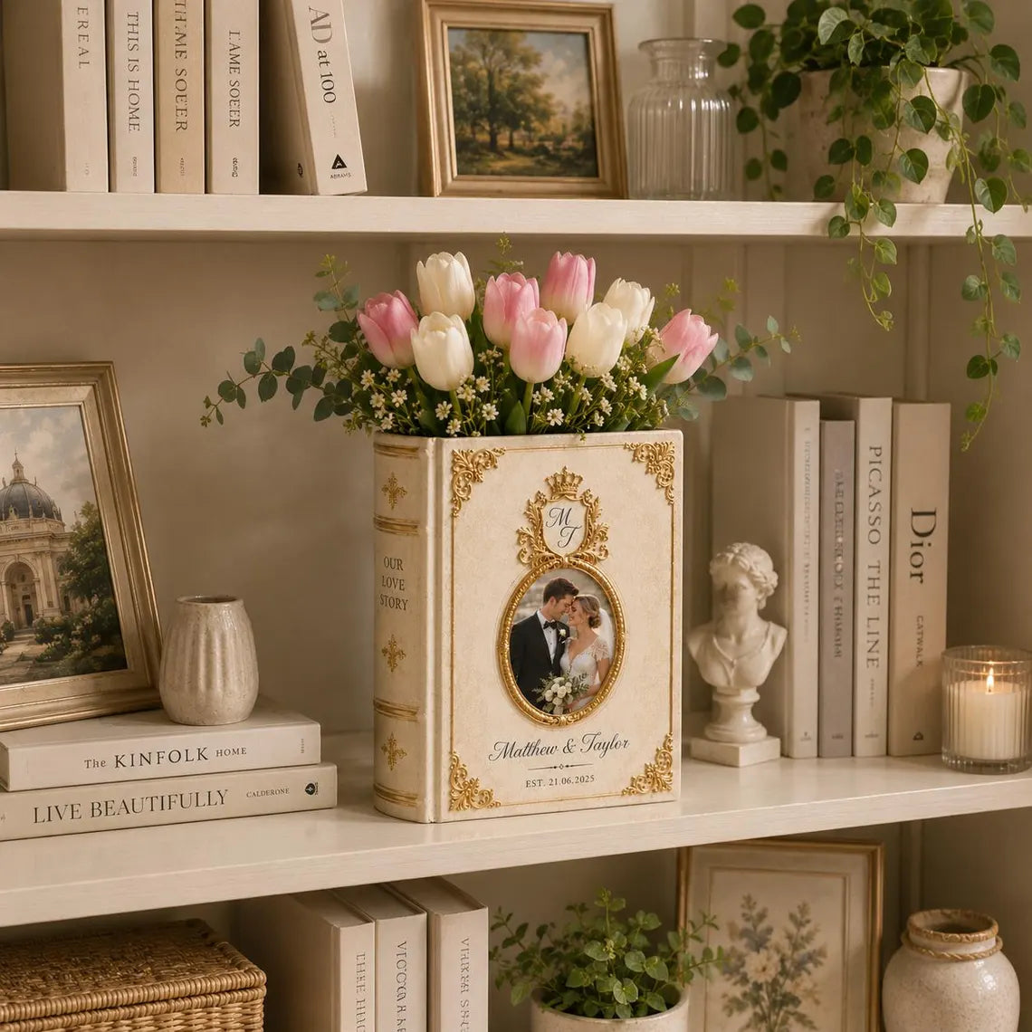 Custom Photo Toile De Jouy Ceramic Book Vase, Personalised Wedding anniversary Gift for Couple, Bridal Shower Gift, Engagement gift, Floral