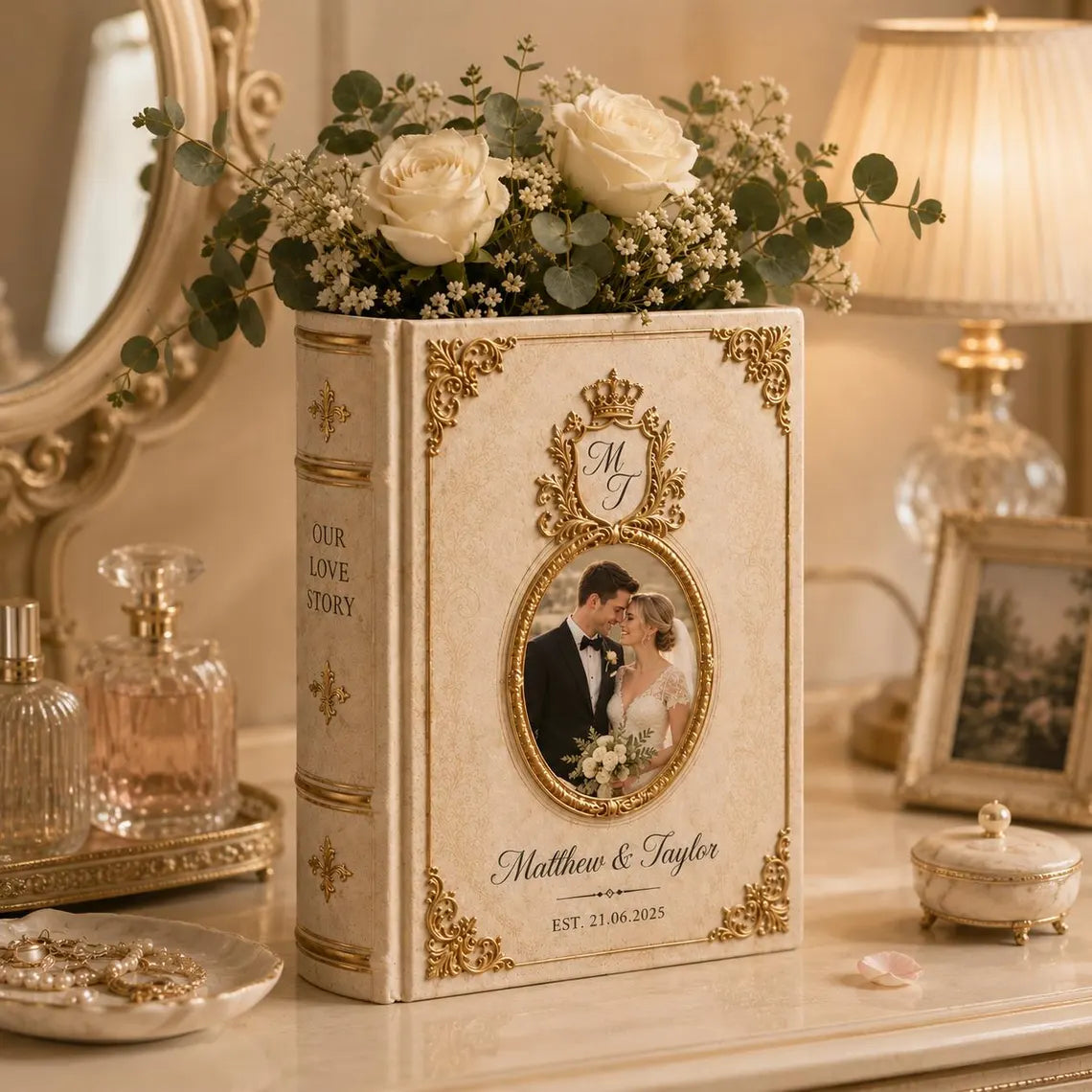 Custom Photo Toile De Jouy Ceramic Book Vase, Personalised Wedding anniversary Gift for Couple, Bridal Shower Gift, Engagement gift, Floral