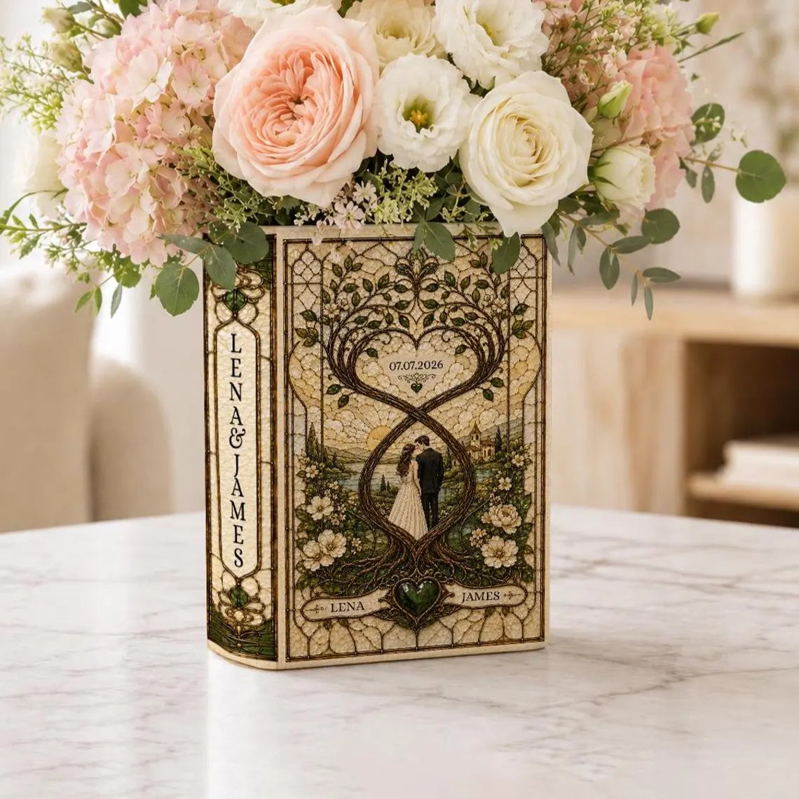 Custom Stained Glass Wedding Ceramic Book Vase, Engagement Couple Heart Tree, Flower Vase, Anniversary Newlywed Gift, Bridal Shower Gift