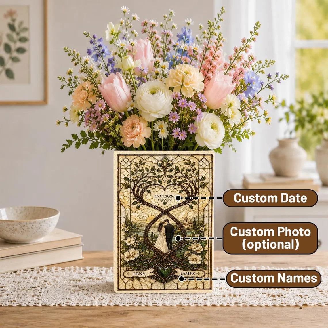 Custom Stained Glass Wedding Ceramic Book Vase, Engagement Couple Heart Tree, Flower Vase, Anniversary Newlywed Gift, Bridal Shower Gift