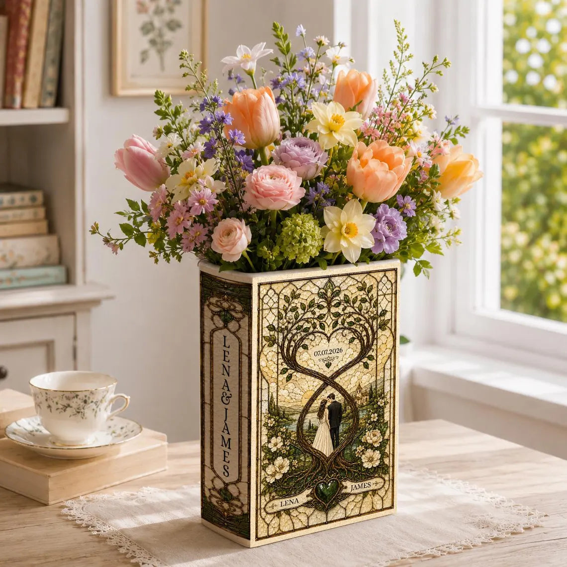 Custom Stained Glass Wedding Ceramic Book Vase, Engagement Couple Heart Tree, Flower Vase, Anniversary Newlywed Gift, Bridal Shower Gift