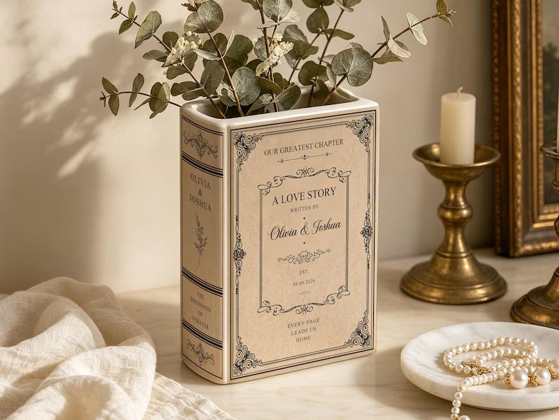Custom Toile De Jouy Ceramic Book Vase, Personalised Wedding Gift for Couple, Floral Book Shaped Vase, Bridal Shower Gift, Engagement Gift