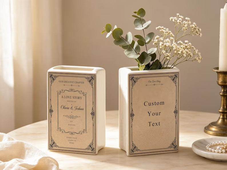 Custom Toile De Jouy Ceramic Book Vase, Personalised Wedding Gift for Couple, Floral Book Shaped Vase, Bridal Shower Gift, Engagement Gift