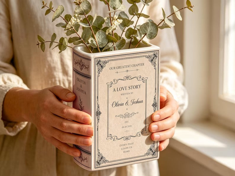 Custom Toile De Jouy Ceramic Book Vase, Personalised Wedding Gift for Couple, Floral Book Shaped Vase, Bridal Shower Gift, Engagement Gift