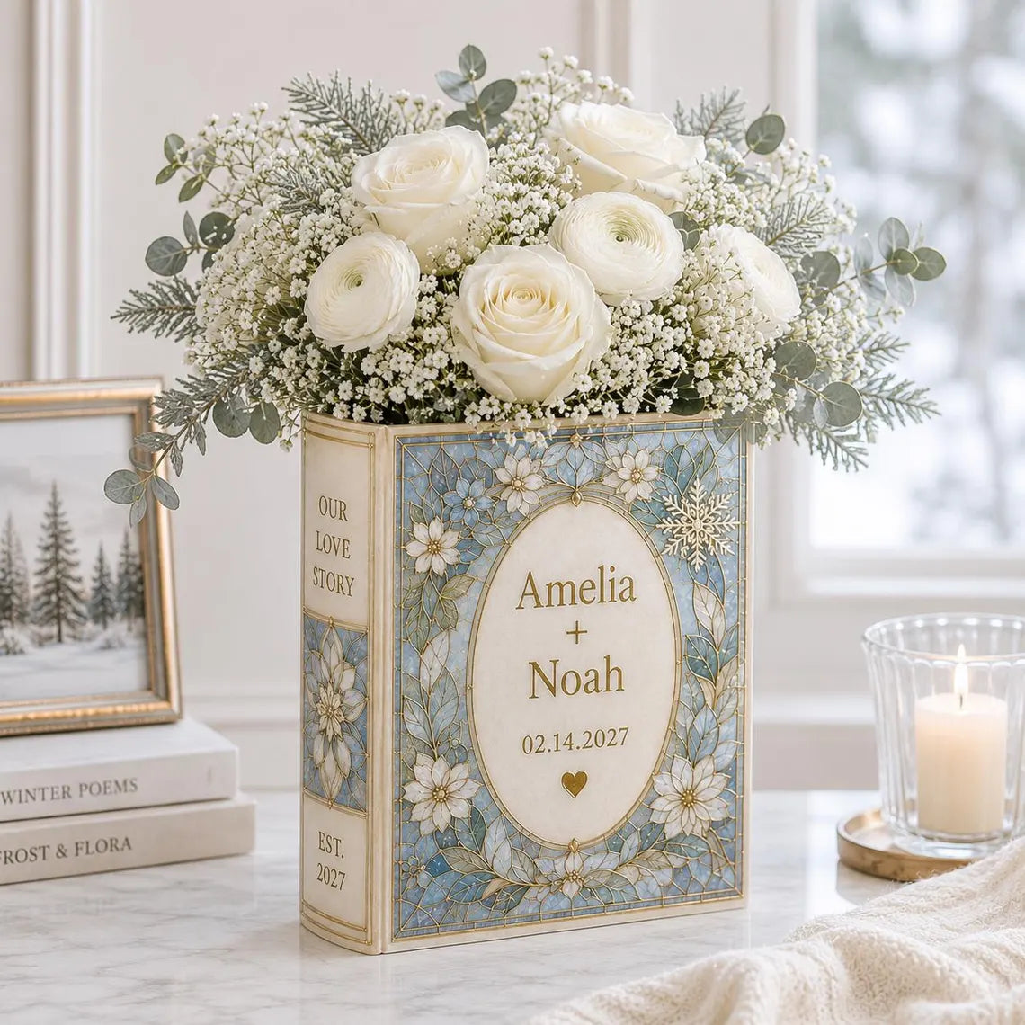 Personalized Ceramic Book Vase, Custom Wedding Flower Vase Gift