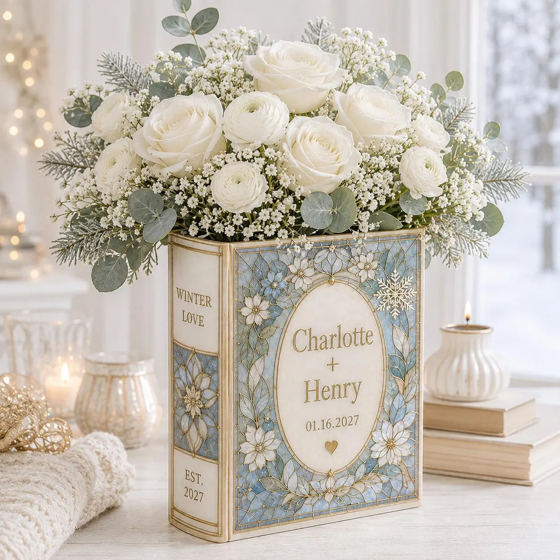 Personalized Ceramic Book Vase, Custom Wedding Flower Vase Gift