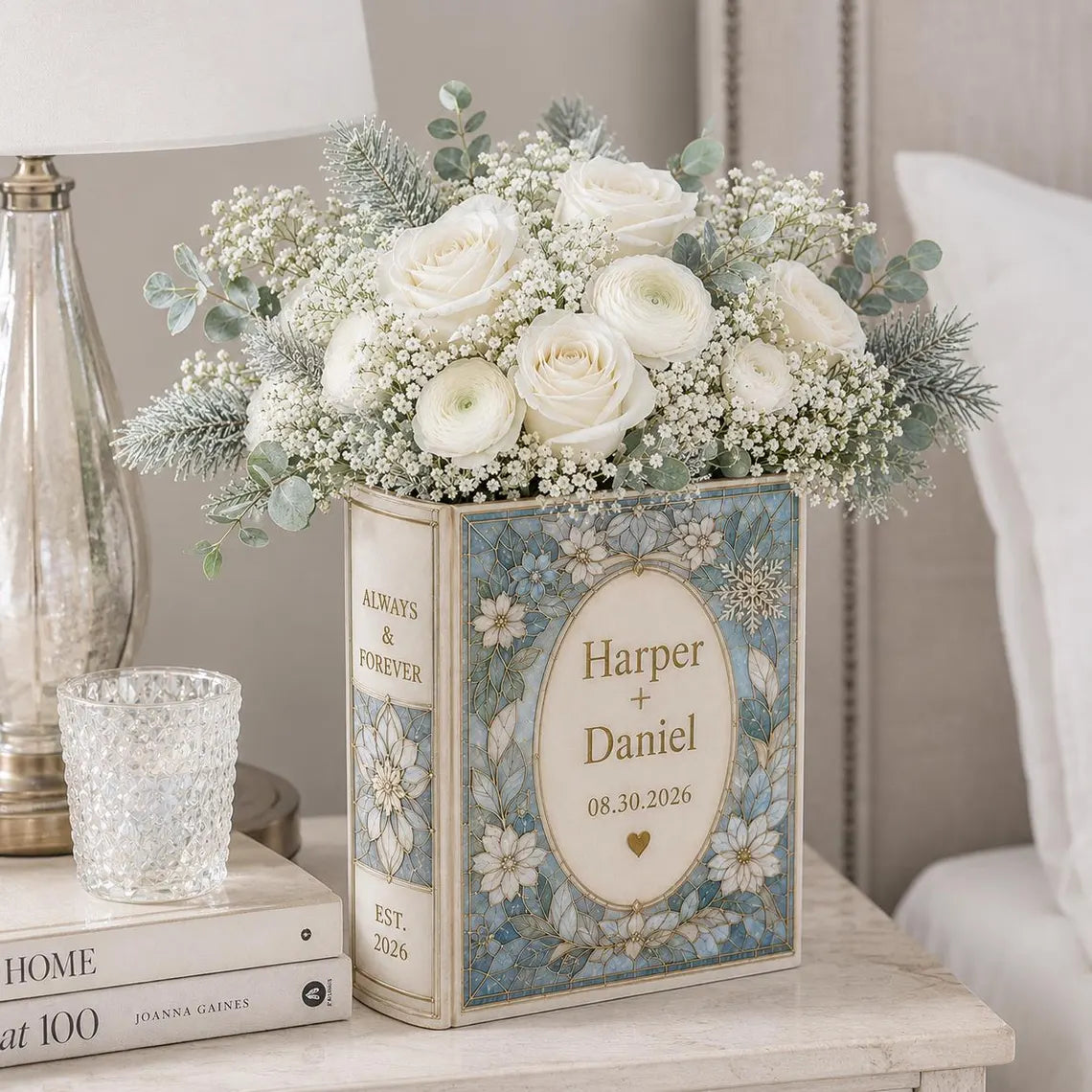 Personalized Ceramic Book Vase, Custom Wedding Flower Vase Gift
