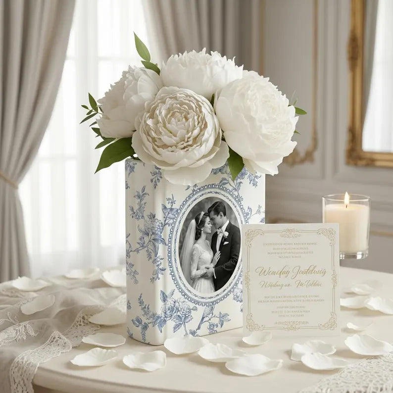 Custom Wedding Photo Ceramic Book Vase, Gift for Bride, Toile De Jouy Book Vase, Wedding Day Gift from Daughter, Wedding Gift for Couple