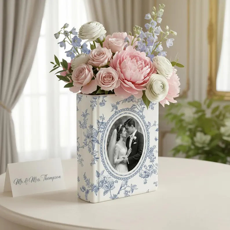 Custom Wedding Photo Ceramic Book Vase, Gift for Bride, Toile De Jouy Book Vase, Wedding Day Gift from Daughter, Wedding Gift for Couple