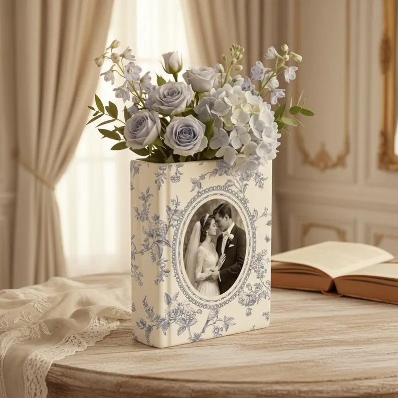 Custom Wedding Photo Ceramic Book Vase, Gift for Bride, Toile De Jouy Book Vase, Wedding Day Gift from Daughter, Wedding Gift for Couple