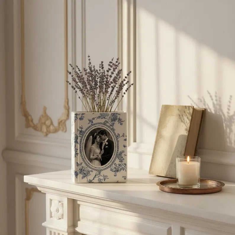 Custom Wedding Photo Ceramic Book Vase, Gift for Bride, Toile De Jouy Book Vase, Wedding Day Gift from Daughter, Wedding Gift for Couple
