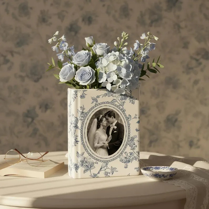 Custom Wedding Photo Ceramic Book Vase, Gift for Bride, Toile De Jouy Book Vase, Wedding Day Gift from Daughter, Wedding Gift for Couple