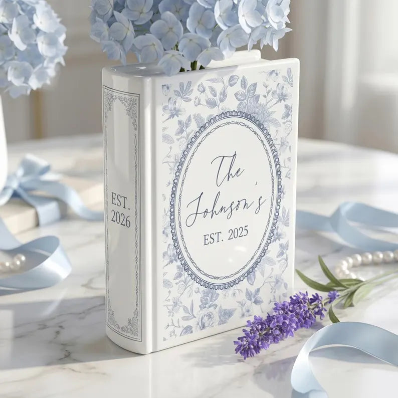 Custom Toile de Jouy Family's Name Ceramic Book Vase
