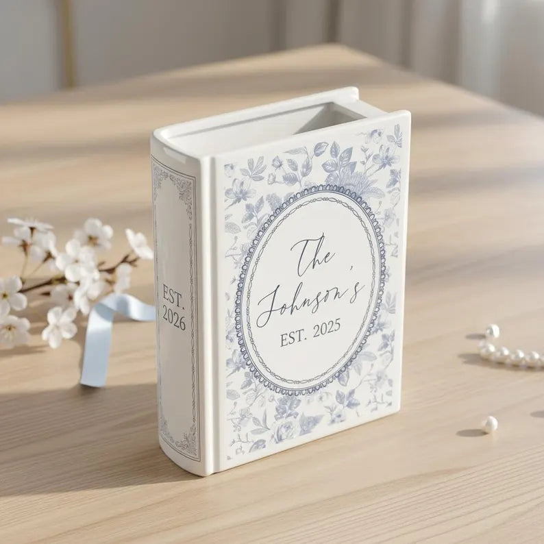 Custom Toile de Jouy Family's Name Ceramic Book Vase