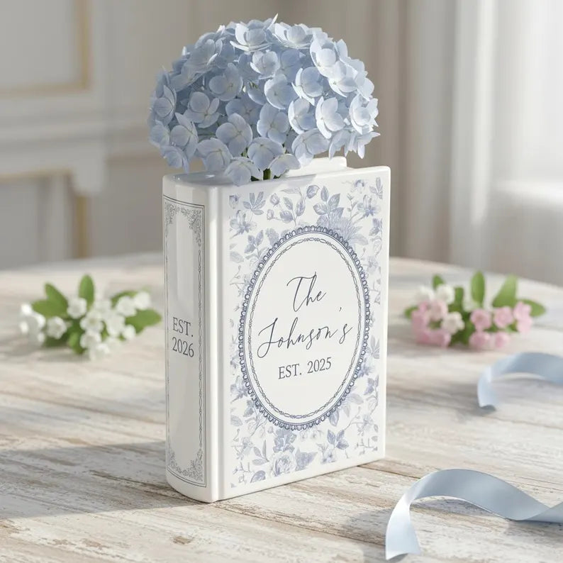 Custom Toile de Jouy Family's Name Ceramic Book Vase