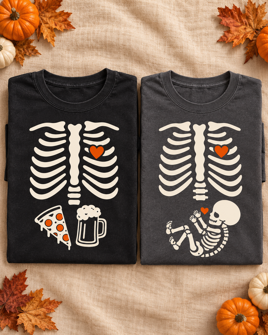 Dad and Mom skeleton pregnancy announcement tee flat lay