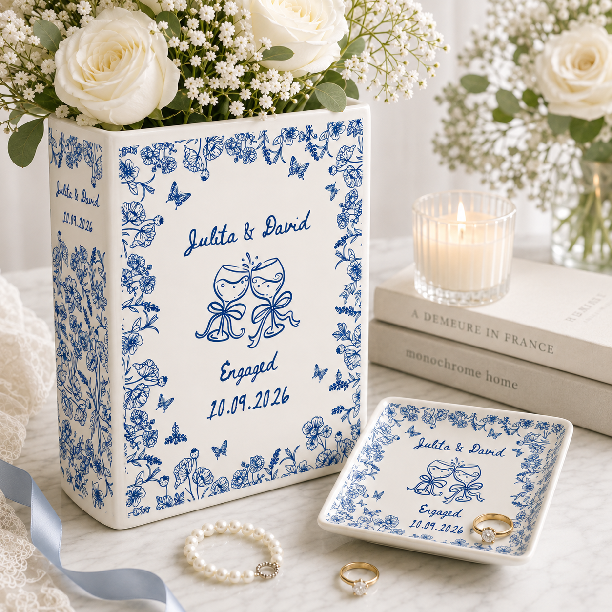 Personalized Engagement Ceramic Book Vase,Custom Toile De Jouy Couple Name Book Vase,Floral Engaged Gift,Gift For Bride,Wedding Couple Gift