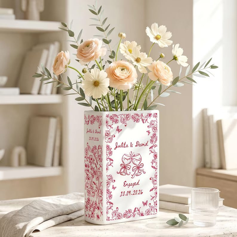 Personalized Engagement Ceramic Book Vase,Custom Toile De Jouy Couple Name Book Vase,Floral Engaged Gift,Gift For Bride,Wedding Couple Gift