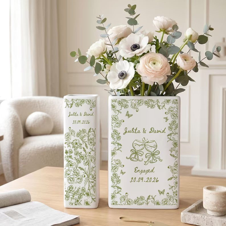 Personalized Engagement Ceramic Book Vase,Custom Toile De Jouy Couple Name Book Vase,Floral Engaged Gift,Gift For Bride,Wedding Couple Gift