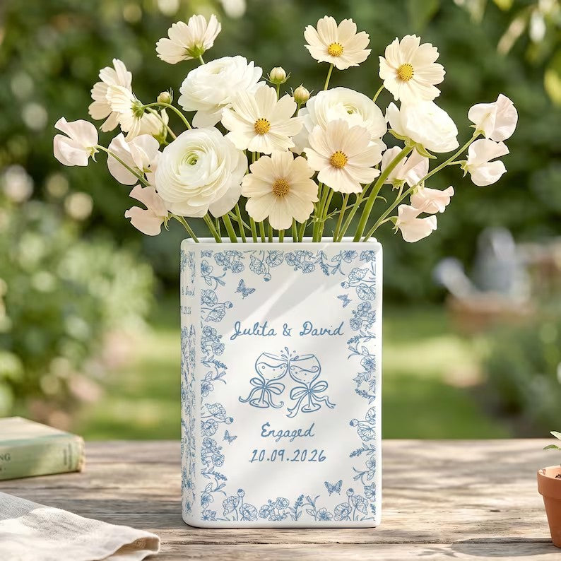 Personalized Engagement Ceramic Book Vase,Custom Toile De Jouy Couple Name Book Vase,Floral Engaged Gift,Gift For Bride,Wedding Couple Gift