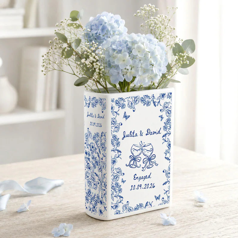 Personalized Engagement Ceramic Book Vase,Custom Toile De Jouy Couple Name Book Vase,Floral Engaged Gift,Gift For Bride,Wedding Couple Gift