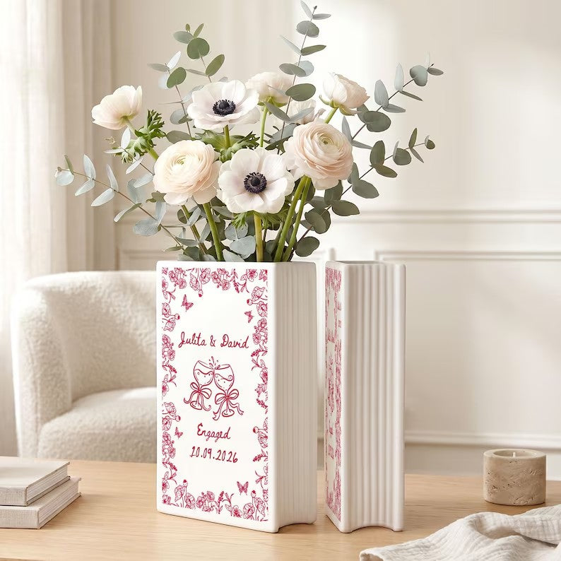 Personalized Engagement Ceramic Book Vase,Custom Toile De Jouy Couple Name Book Vase,Floral Engaged Gift,Gift For Bride,Wedding Couple Gift