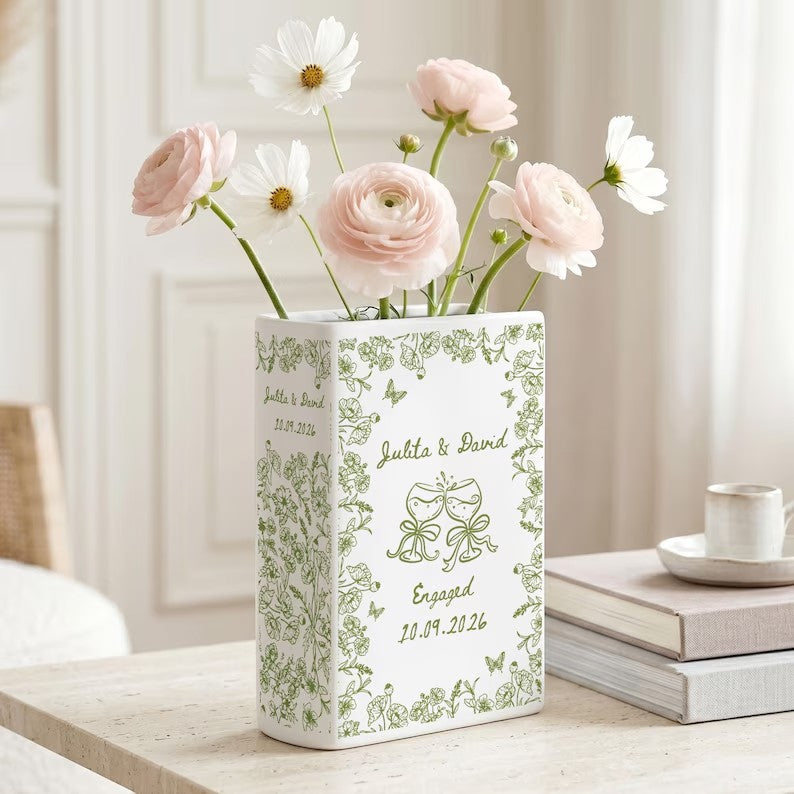 Personalized Engagement Ceramic Book Vase,Custom Toile De Jouy Couple Name Book Vase,Floral Engaged Gift,Gift For Bride,Wedding Couple Gift