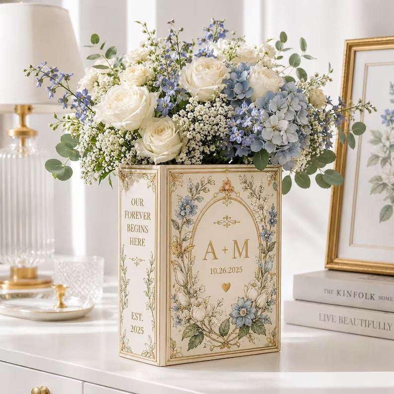 Personalized Wedding Book Vase, Custom Ceramic Flower Vase, Couple Name Decor, Bridal Shower Gift, Engagement Gift, Book Lover Keepsake