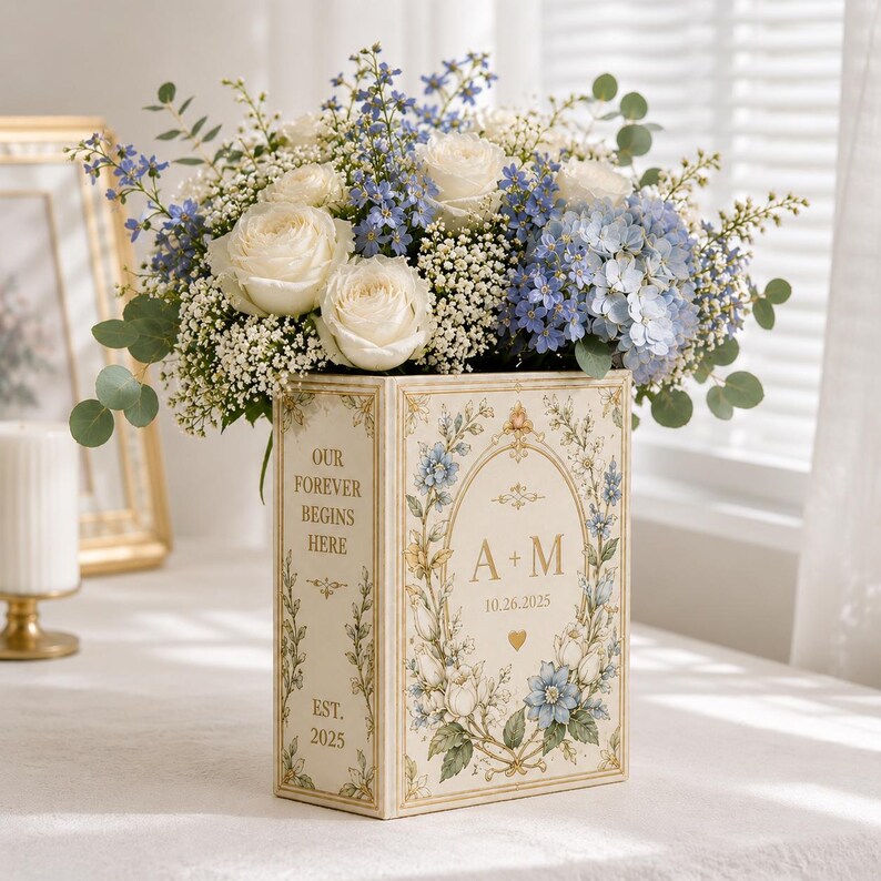 Personalized Wedding Book Vase, Custom Ceramic Flower Vase, Couple Name Decor, Bridal Shower Gift, Engagement Gift, Book Lover Keepsake