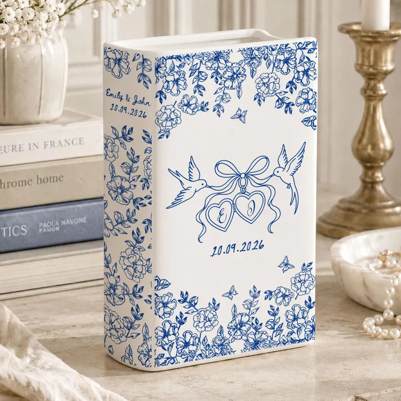 Personalized Engagement Ceramic Book Vase, Custom Toile De Jouy Couple Name Flower Vase, Anniversary Gift, Wedding Couple Gift,Bridal Shower