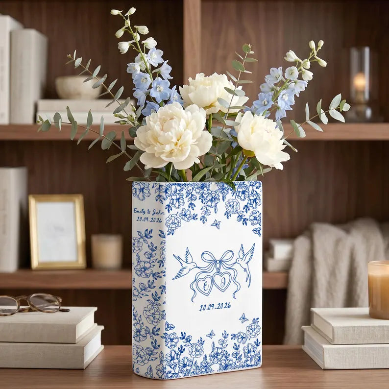 Personalized Engagement Ceramic Book Vase, Custom Toile De Jouy Couple Name Flower Vase, Anniversary Gift, Wedding Couple Gift,Bridal Shower