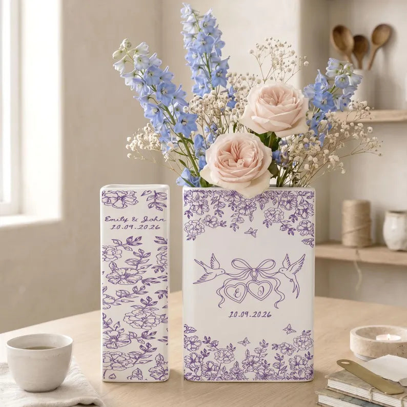 Personalized Engagement Ceramic Book Vase, Custom Toile De Jouy Couple Name Flower Vase, Anniversary Gift, Wedding Couple Gift,Bridal Shower