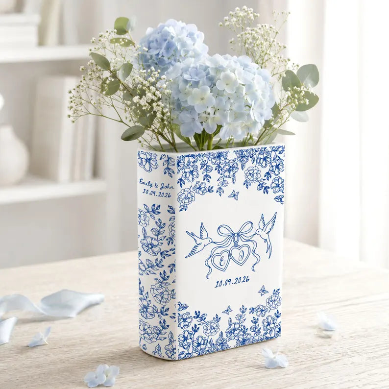 Personalized Engagement Ceramic Book Vase, Custom Toile De Jouy Couple Name Flower Vase, Anniversary Gift, Wedding Couple Gift,Bridal Shower