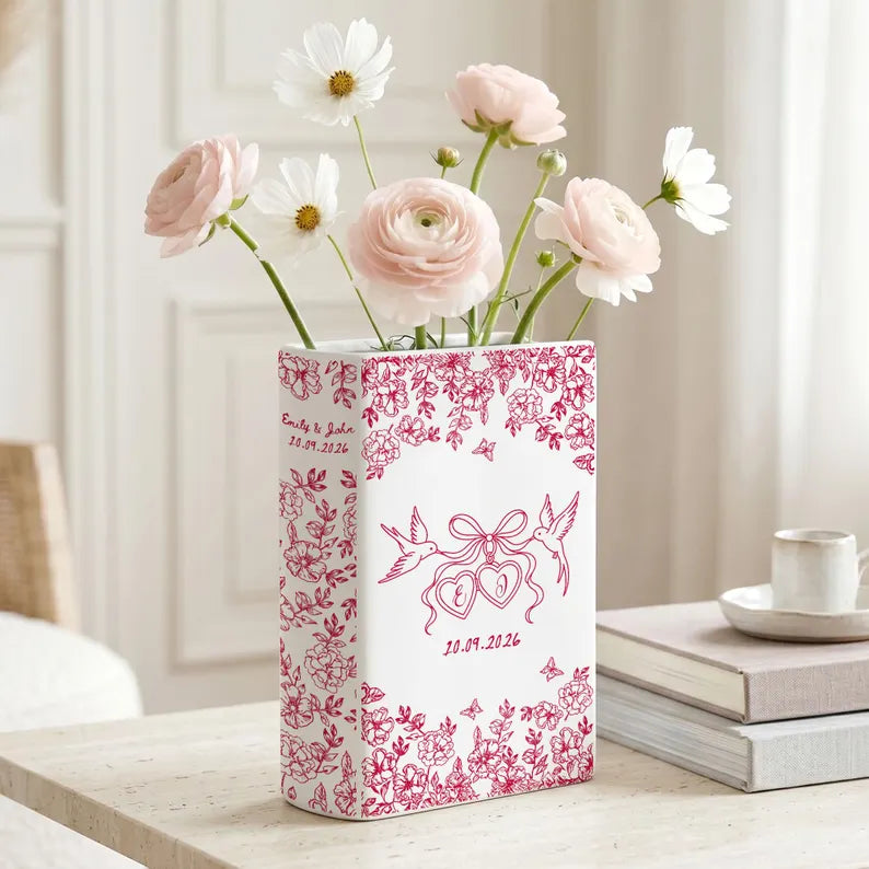 Personalized Engagement Ceramic Book Vase, Custom Toile De Jouy Couple Name Flower Vase, Anniversary Gift, Wedding Couple Gift,Bridal Shower