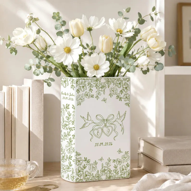 Personalized Engagement Ceramic Book Vase, Custom Toile De Jouy Couple Name Flower Vase, Anniversary Gift, Wedding Couple Gift,Bridal Shower