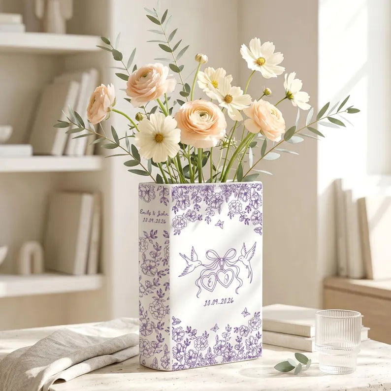 Personalized Engagement Ceramic Book Vase, Custom Toile De Jouy Couple Name Flower Vase, Anniversary Gift, Wedding Couple Gift,Bridal Shower