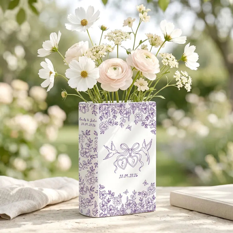 Personalized Engagement Ceramic Book Vase, Custom Toile De Jouy Couple Name Flower Vase, Anniversary Gift, Wedding Couple Gift,Bridal Shower